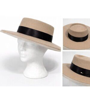 Eaton Wool Wide Brim Hat Beige Black Band Fedora 22.5” Circumference